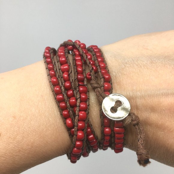 Boho Red Beaded Bracelet Wrapped on Waxed Linen with Silver Toned Button Closure - Picture 1 of 13